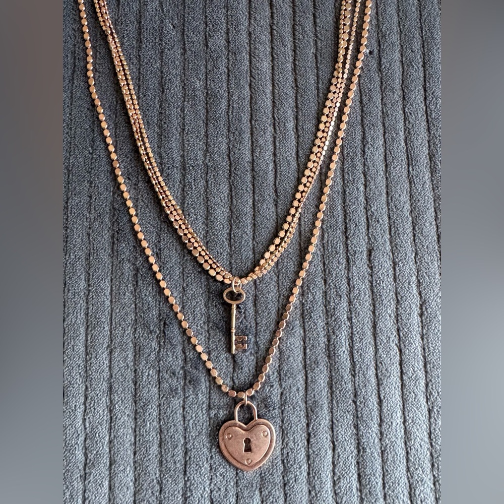Layered Rose Gold Lock & Key Necklace Double Chain Heart Pedant Romantic Jewelry